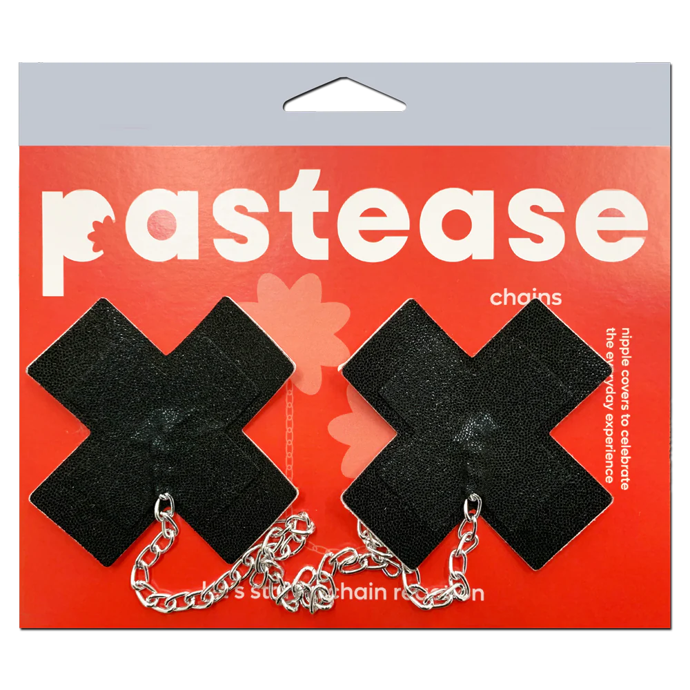 Chains: Liquid Black Plus X Cross with Chunky Silver Chain Nipple Pasties by Pastease