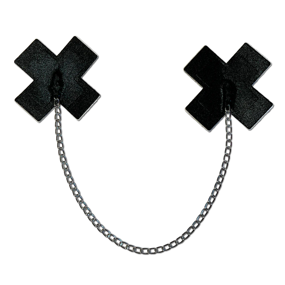 Chains: Liquid Black Plus X Cross with Chunky Silver Chain Nipple Pasties by Pastease