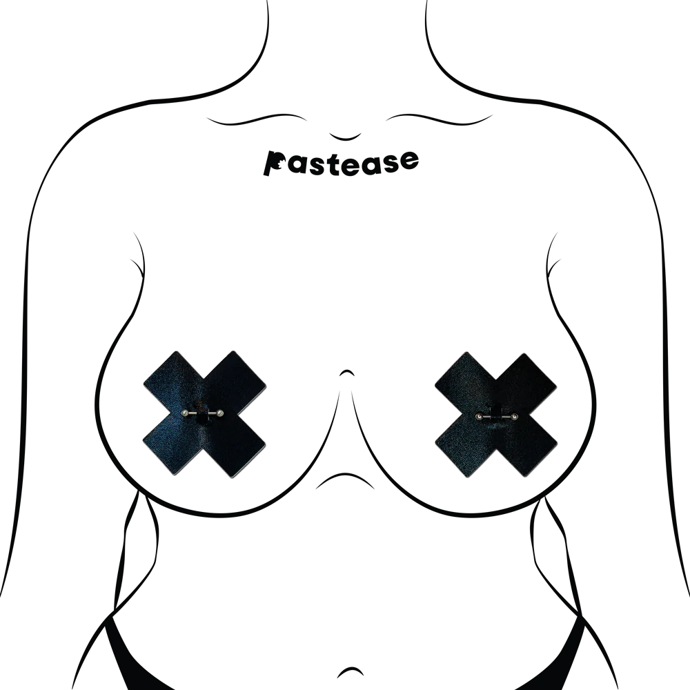 Pierced Pasties: Liquid Black Cross Plus X with Barbell Piercing Nipple Covers by Pastease