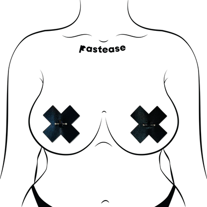 Pierced Pasties: Liquid Black Cross Plus X with Barbell Piercing Nipple Covers by Pastease