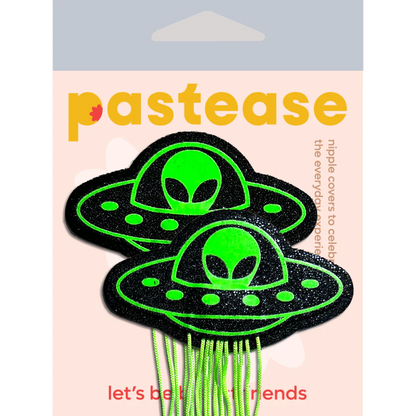 Tassel UFO Alien Glow-in-the-Dark Neon Green on Black Nipple Pasties by Pastease