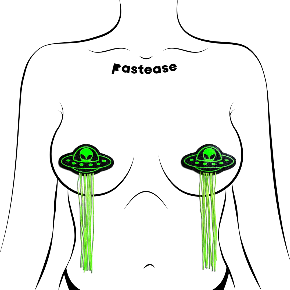 Tassel UFO Alien Glow-in-the-Dark Neon Green on Black Nipple Pasties by Pastease