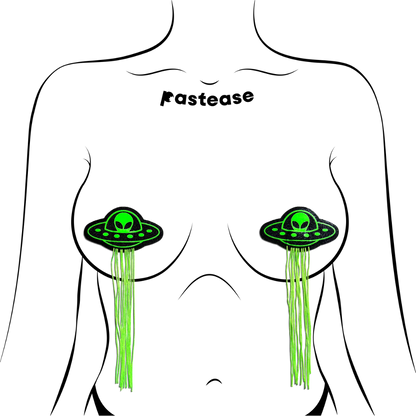 Tassel UFO Alien Glow-in-the-Dark Neon Green on Black Nipple Pasties by Pastease