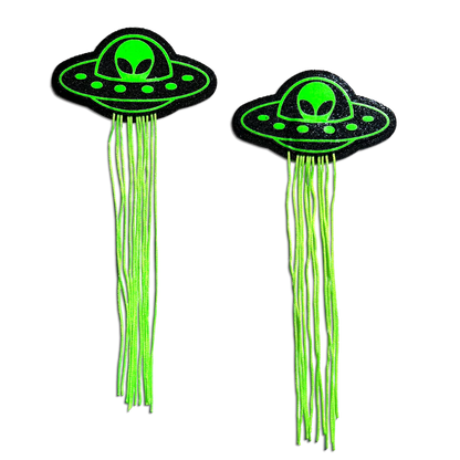 Tassel UFO Alien Glow-in-the-Dark Neon Green on Black Nipple Pasties by Pastease