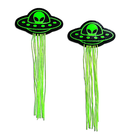 Tassel UFO Alien Glow-in-the-Dark Neon Green on Black Nipple Pasties by Pastease